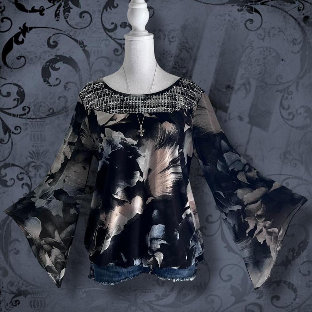 smoky watercolor roses moody black + white floral print top